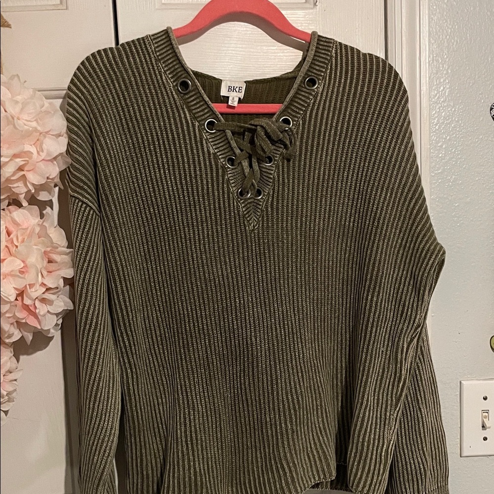 BKE Khaki Lace-Up Knit Top